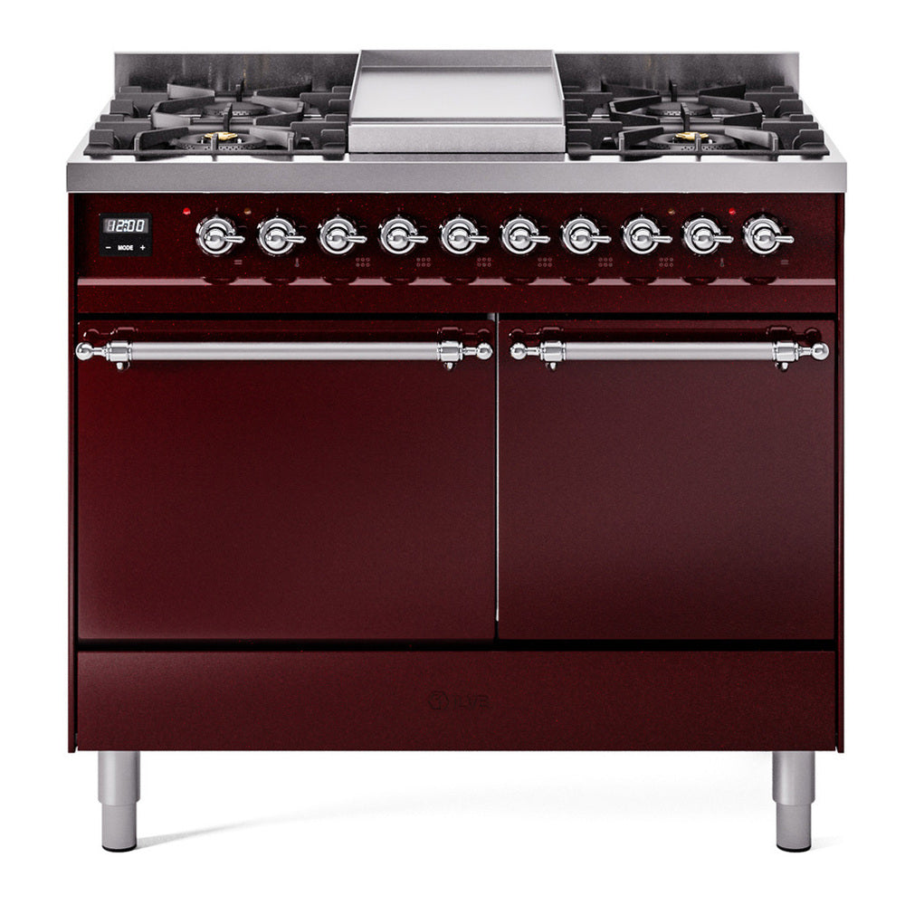 ILVE Nostalgie II 40" Dual Fuel Range - Double Ovens, 6 Burners + Griddle - Solid Door - Burgundy / Chrome / Natural Gas