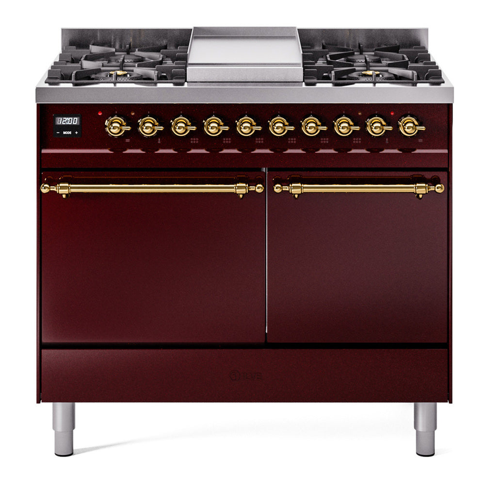 ILVE Nostalgie II 40" Dual Fuel Range - Double Ovens, 6 Burners + Griddle - Solid Door - Burgundy / Brass / Natural Gas