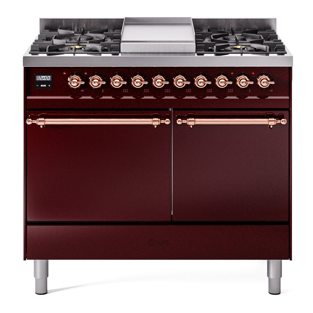ILVE Nostalgie II 40" Dual Fuel Range - Double Ovens, 6 Burners + Griddle - Solid Door - Burgundy / Copper / Natural Gas