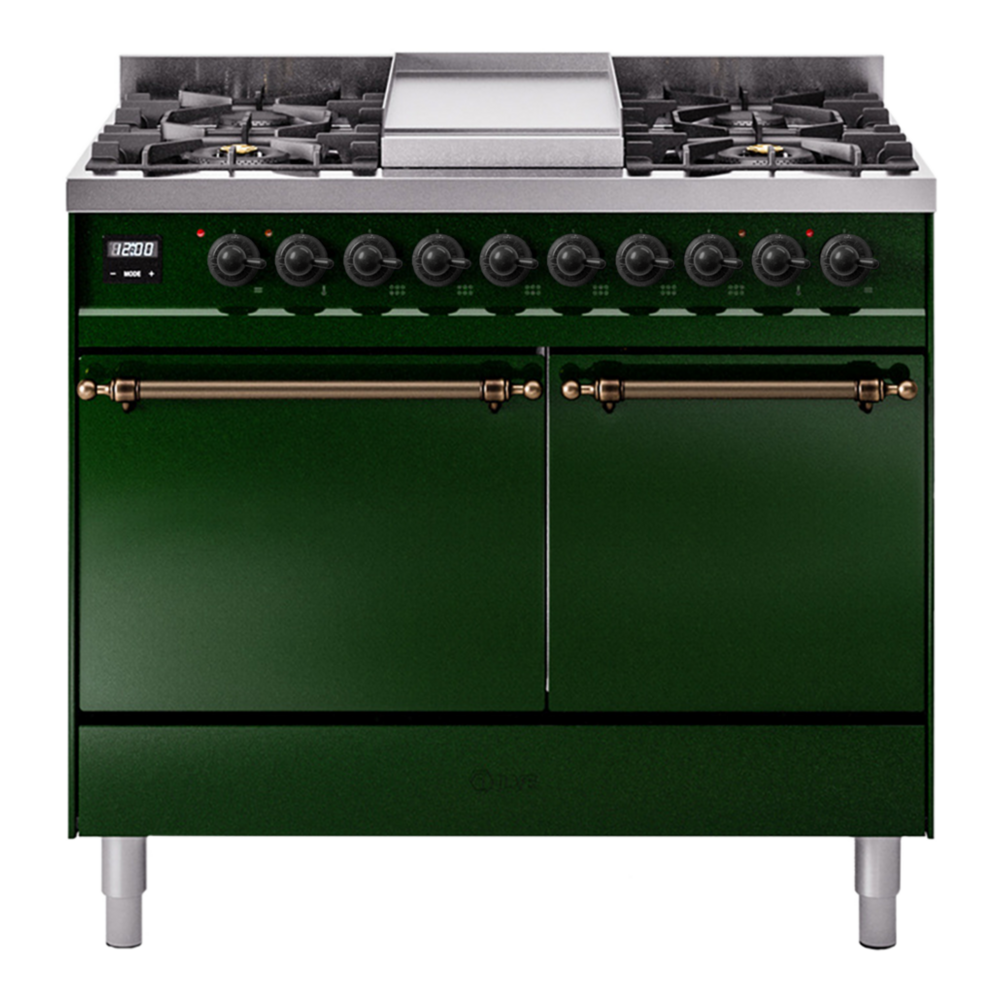 ILVE Nostalgie II 40" Dual Fuel Range - Double Ovens, 6 Burners + Griddle - Solid Door - Emerald Green / Bronze / Natural Gas