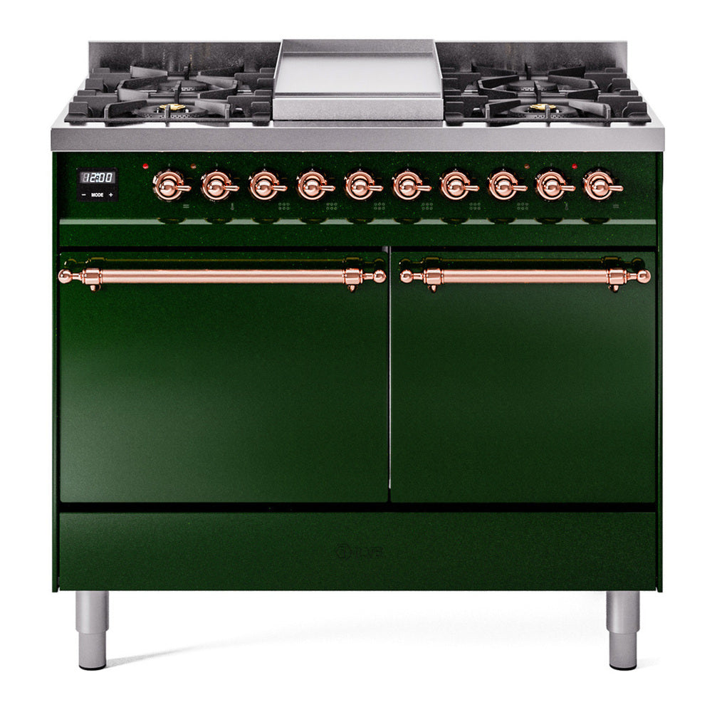 ILVE Nostalgie II 40" Dual Fuel Range - Double Ovens, 6 Burners + Griddle - Solid Door - Emerald Green / Copper / Natural Gas