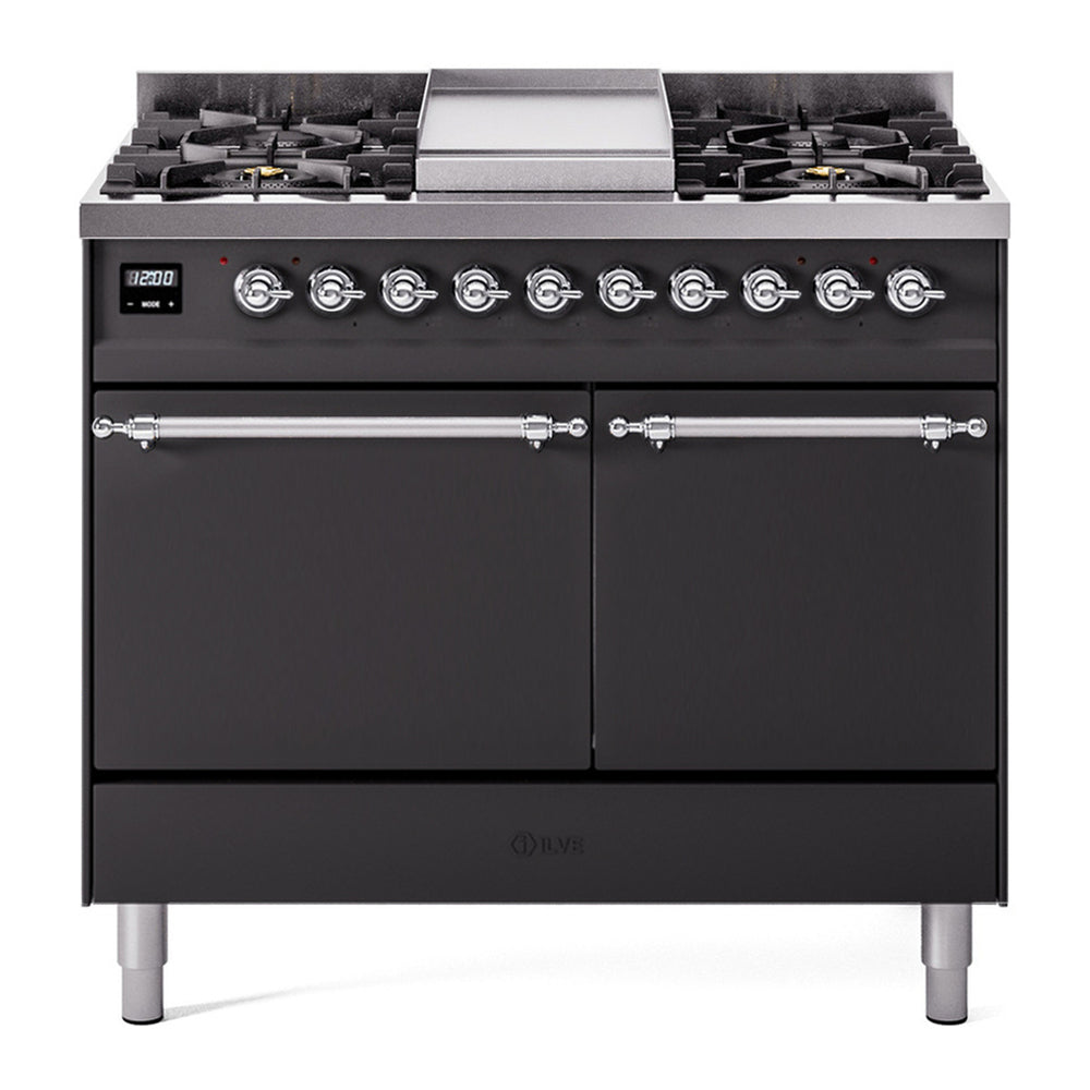 ILVE Nostalgie II 40" Dual Fuel Range - Double Ovens, 6 Burners + Griddle - Solid Door - Graphite Matte / Chrome / Natural Gas
