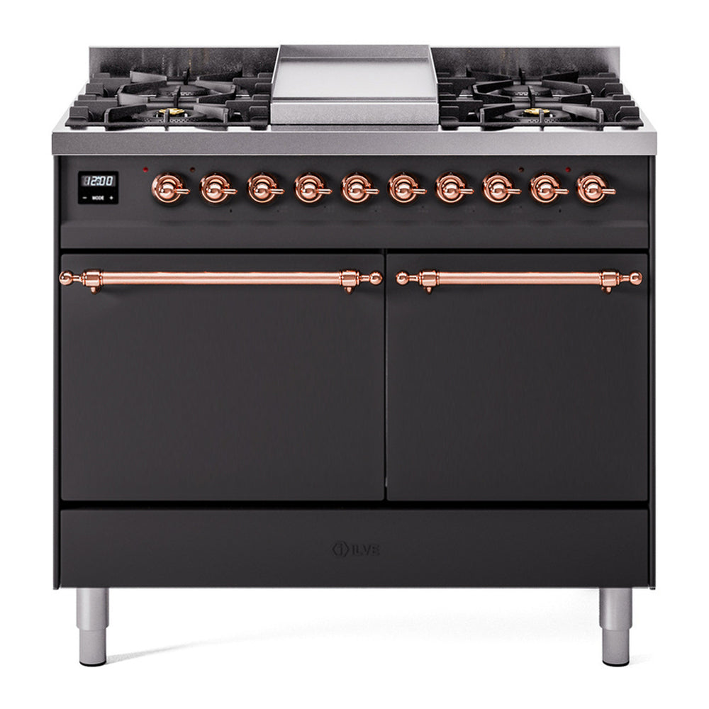 ILVE Nostalgie II 40" Dual Fuel Range - Double Ovens, 6 Burners + Griddle - Solid Door - Graphite Matte / Copper / Natural Gas