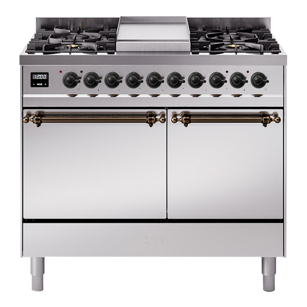 ILVE Nostalgie II 40" Dual Fuel Range - Double Ovens, 6 Burners + Griddle - Solid Door - Stainless Steel / Bronze / Natural Gas