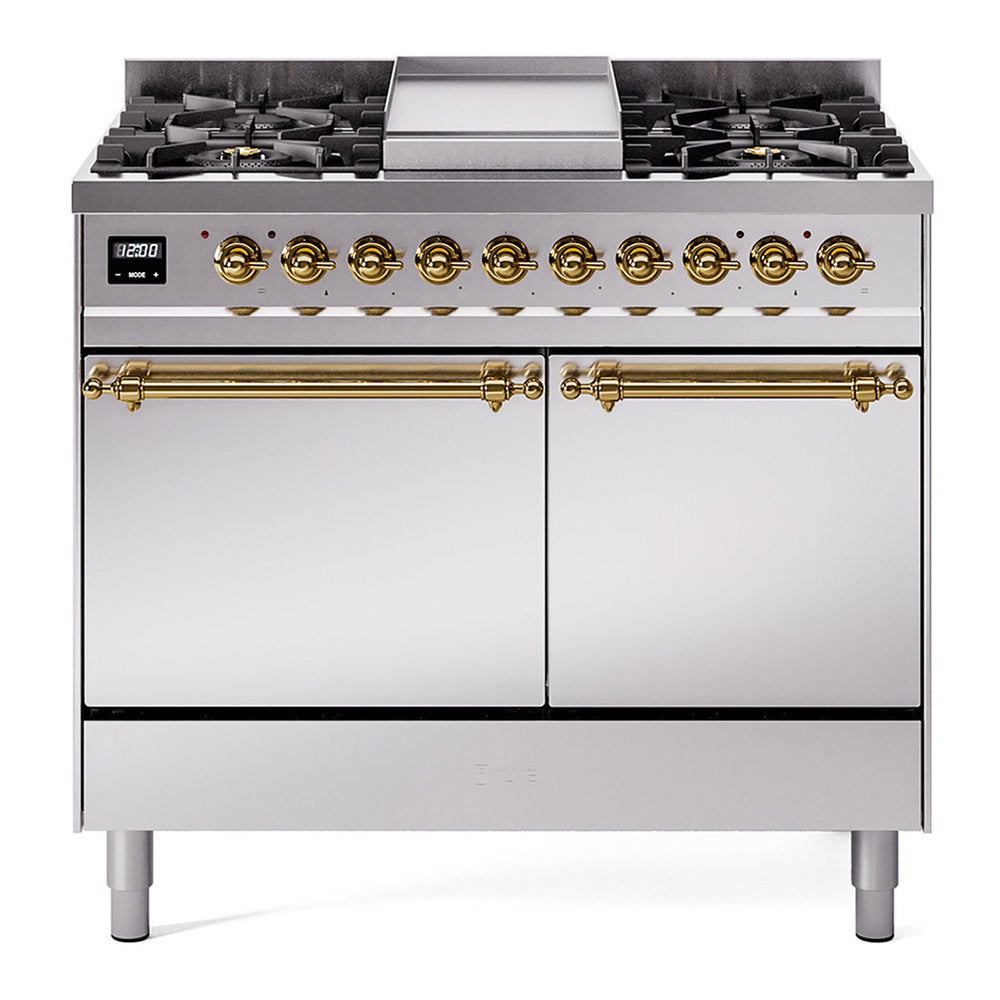 ILVE Nostalgie II 40" Dual Fuel Range - Double Ovens, 6 Burners + Griddle - Solid Door - Stainless Steel / Brass / Natural Gas