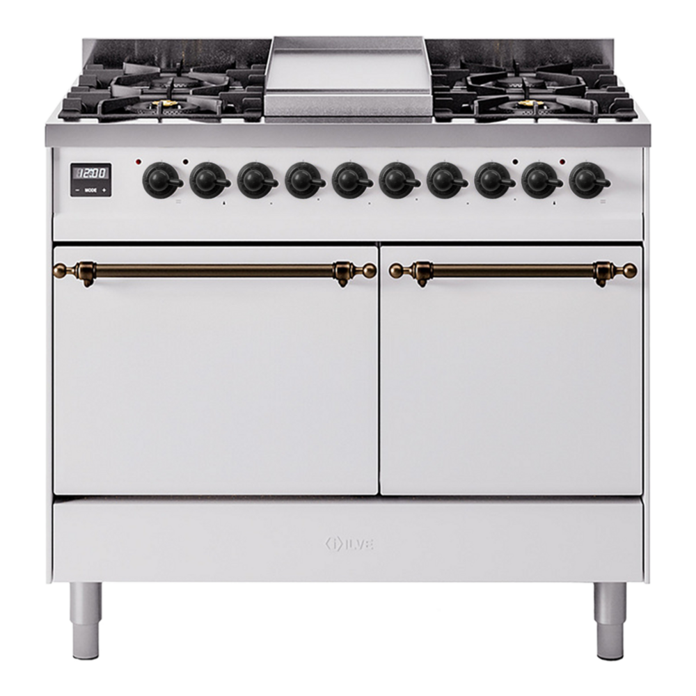 ILVE Nostalgie II 40" Dual Fuel Range - Double Ovens, 6 Burners + Griddle - Solid Door - White / Bronze / Natural Gas