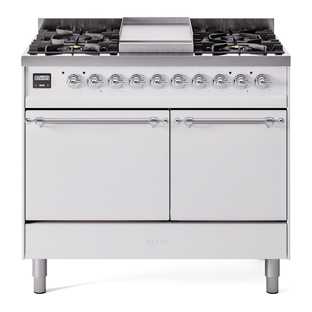 ILVE Nostalgie II 40" Dual Fuel Range - Double Ovens, 6 Burners + Griddle - Solid Door - White / Chrome / Natural Gas