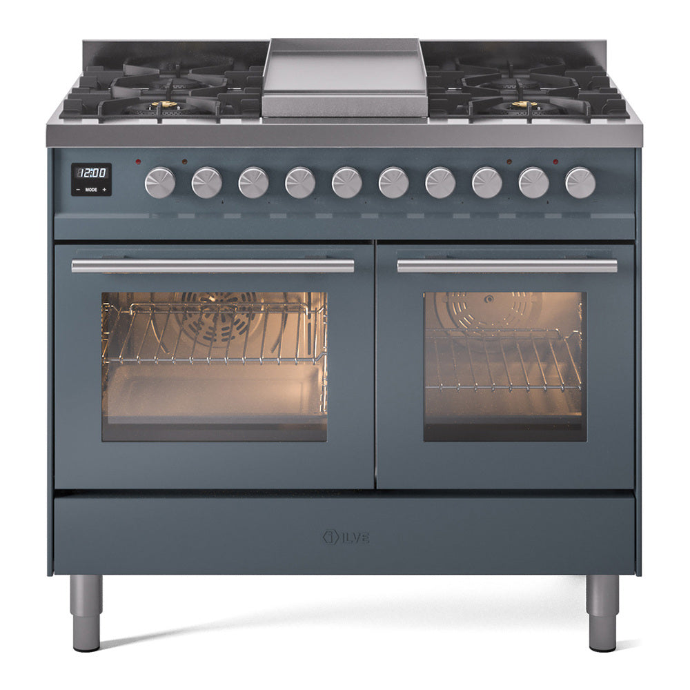 ILVE Professional Plus II 40" Dual Fuel Range - Double Ovens, 6 Burners + Griddle - Triple Glass Door - Blue Grey / Natural Gas