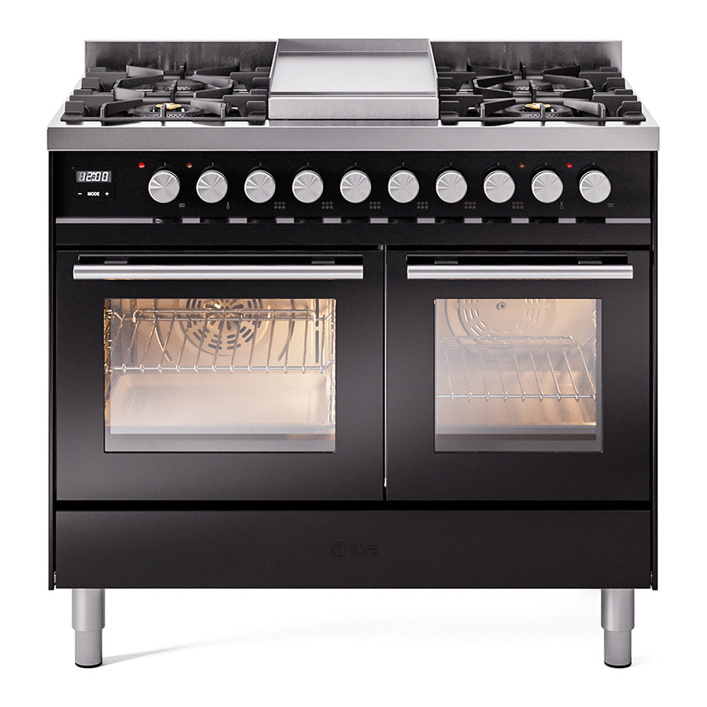ILVE Professional Plus II 40" Dual Fuel Range - Double Ovens, 6 Burners + Griddle - Triple Glass Door - Glossy Black / Natural Gas