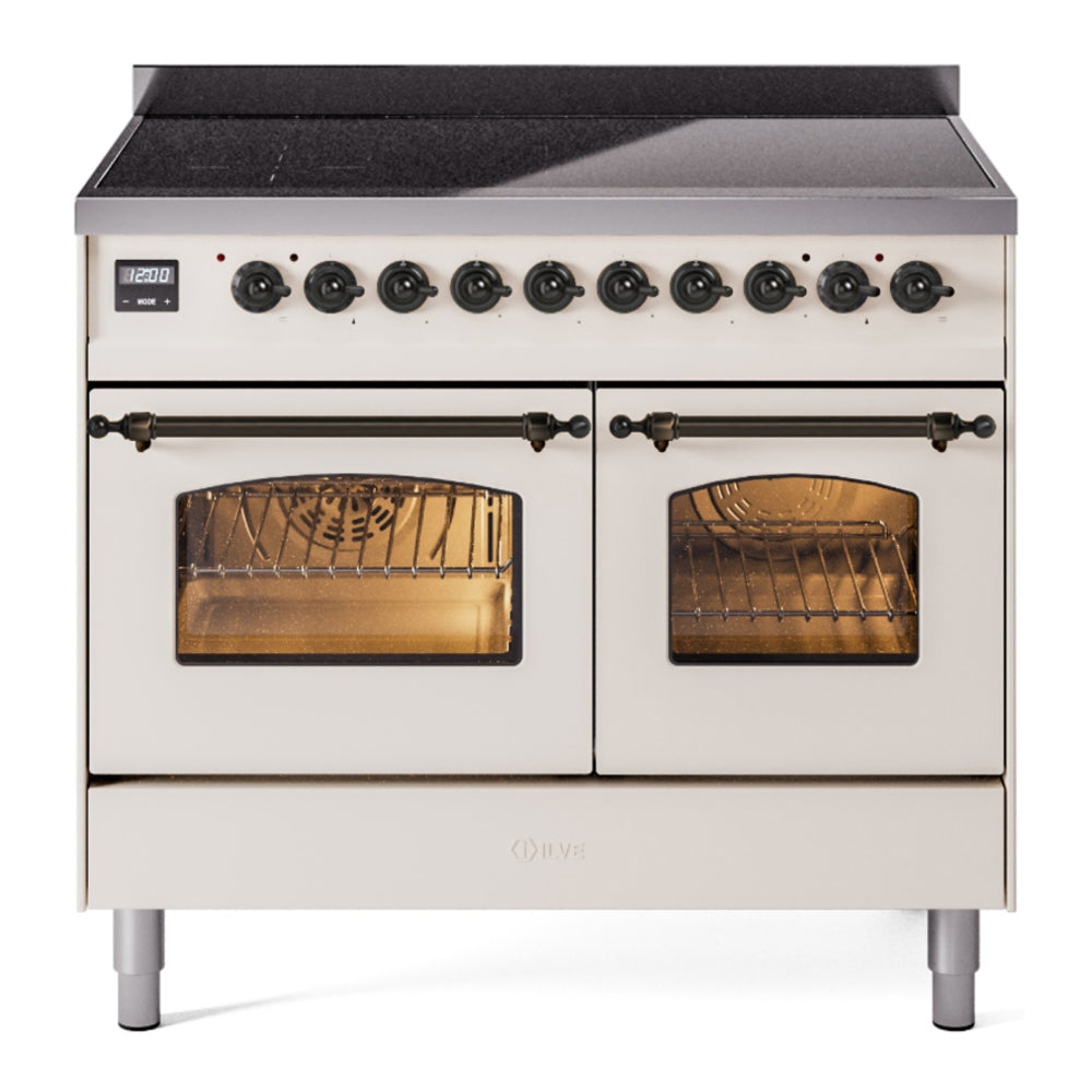 ILVE Nostalgie II 40" Induction Range - Double Ovens, 6-Element Induction - Triple Glass Door - Antique White / Bronze