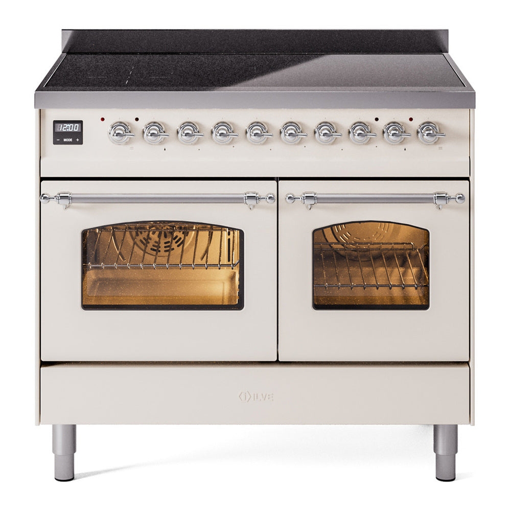 ILVE Nostalgie II 40" Induction Range - Double Ovens, 6-Element Induction - Triple Glass Door - Antique White / Chrome