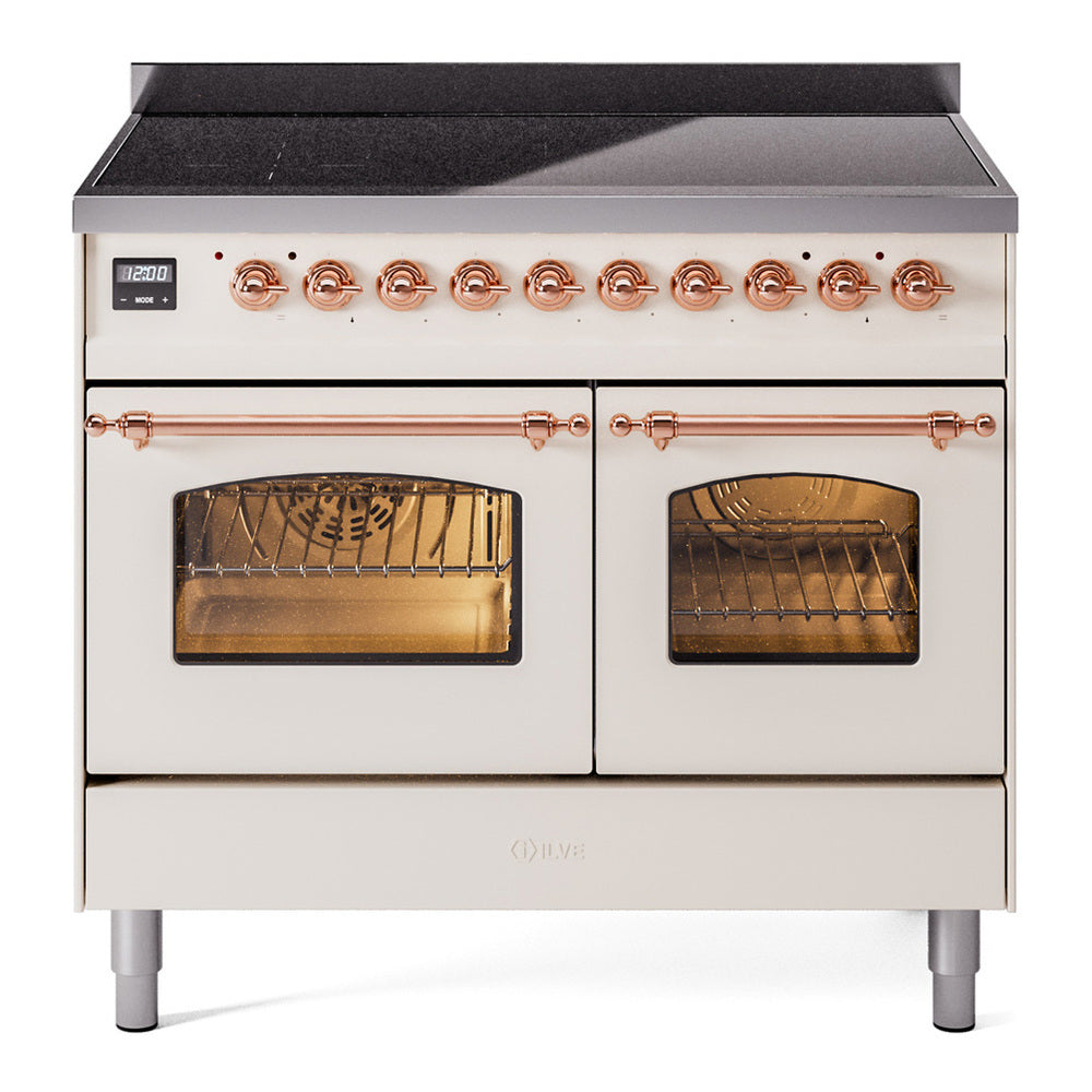 ILVE Nostalgie II 40" Induction Range - Double Ovens, 6-Element Induction - Triple Glass Door - Antique White / Copper