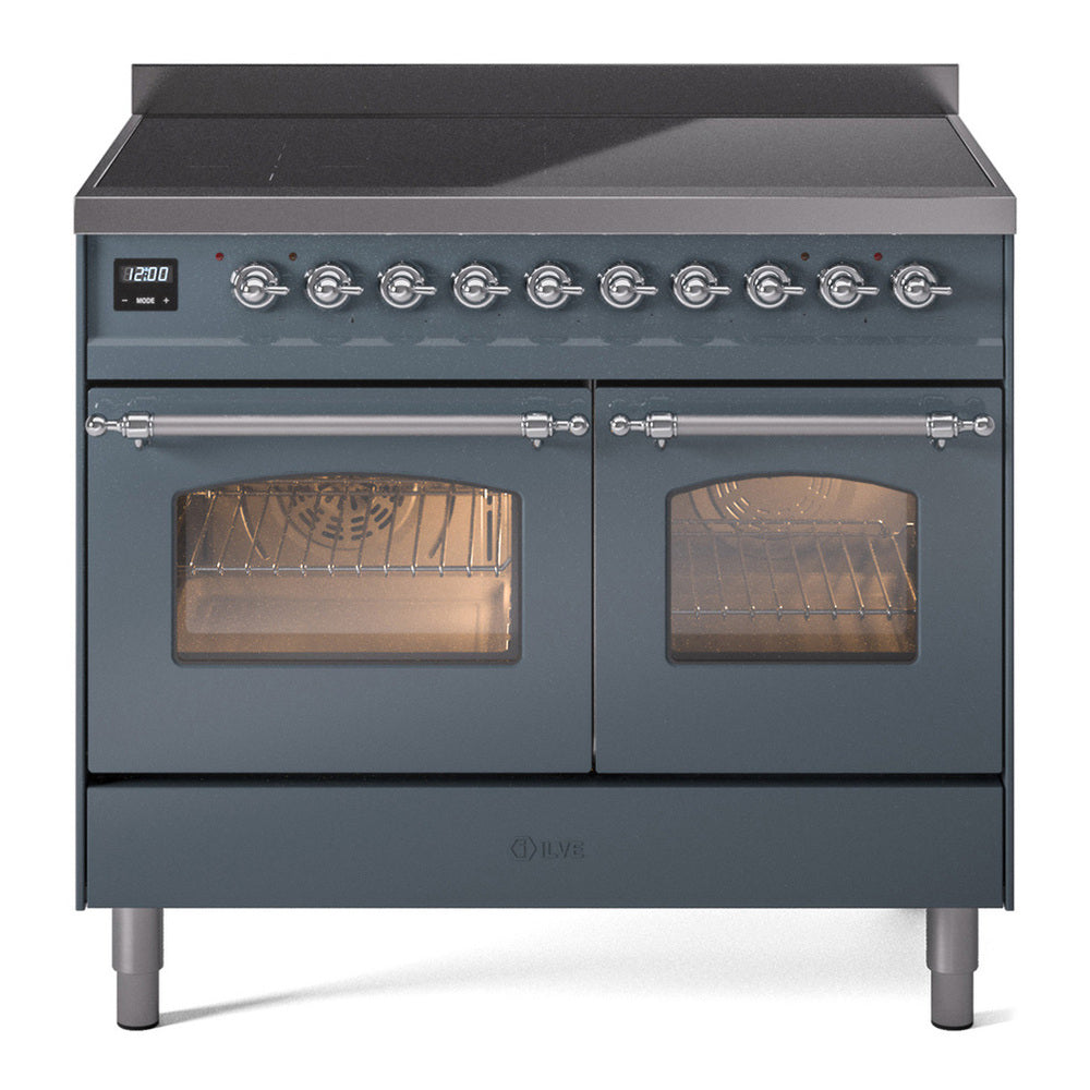 ILVE Nostalgie II 40" Induction Range - Double Ovens, 6-Element Induction - Triple Glass Door - Blue Grey / Chrome