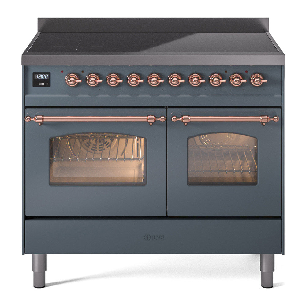 ILVE Nostalgie II 40" Induction Range - Double Ovens, 6-Element Induction - Triple Glass Door - Blue Grey / Copper