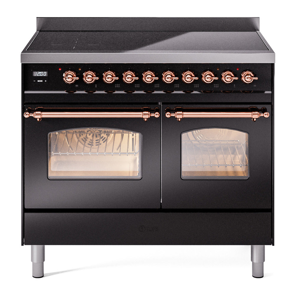 ILVE Nostalgie II 40" Induction Range - Double Ovens, 6-Element Induction - Triple Glass Door - Glossy Black / Copper
