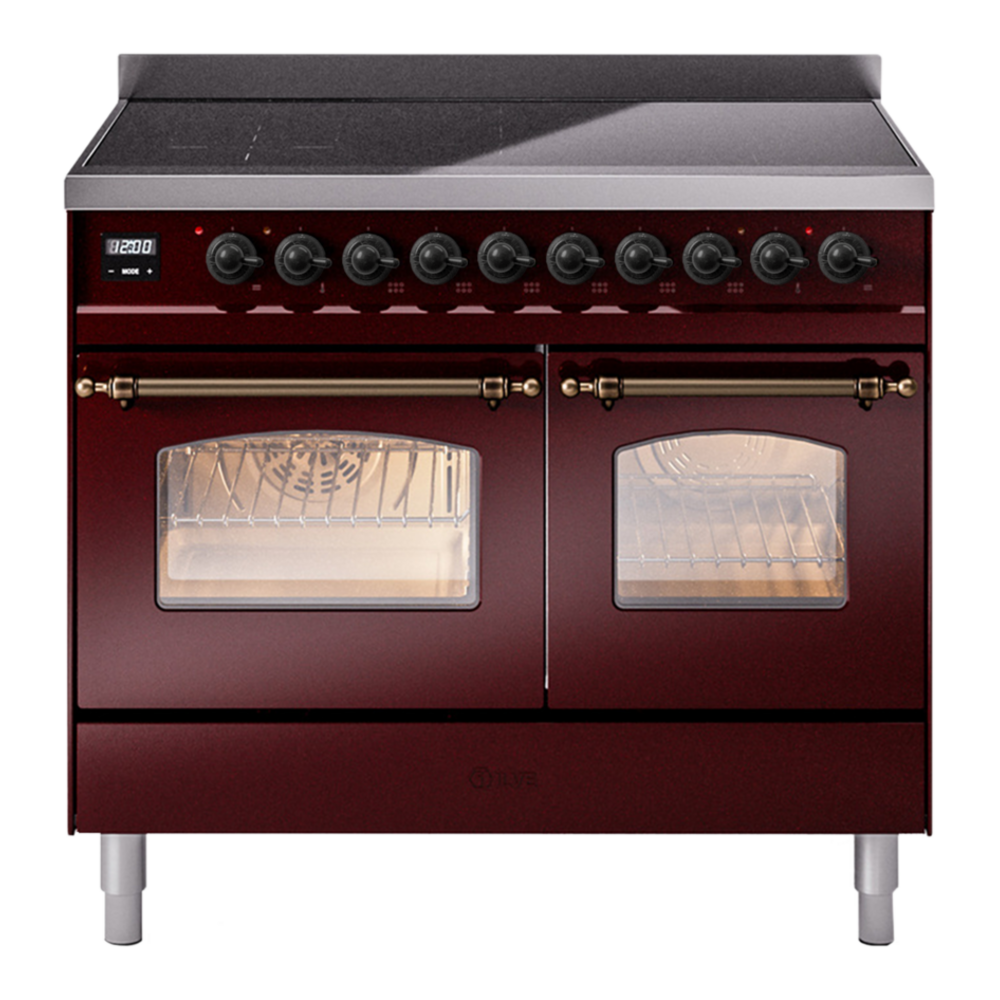 ILVE Nostalgie II 40" Induction Range - Double Ovens, 6-Element Induction - Triple Glass Door - Burgundy / Bronze