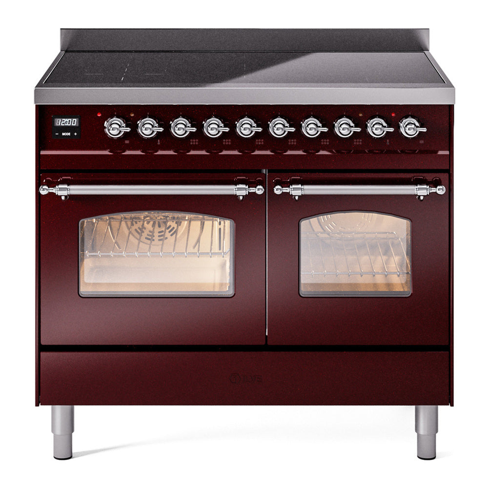 ILVE Nostalgie II 40" Induction Range - Double Ovens, 6-Element Induction - Triple Glass Door - Burgundy / Chrome