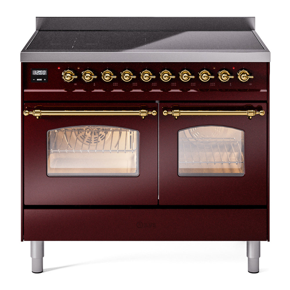 ILVE Nostalgie II 40" Induction Range - Double Ovens, 6-Element Induction - Triple Glass Door - Burgundy / Brass