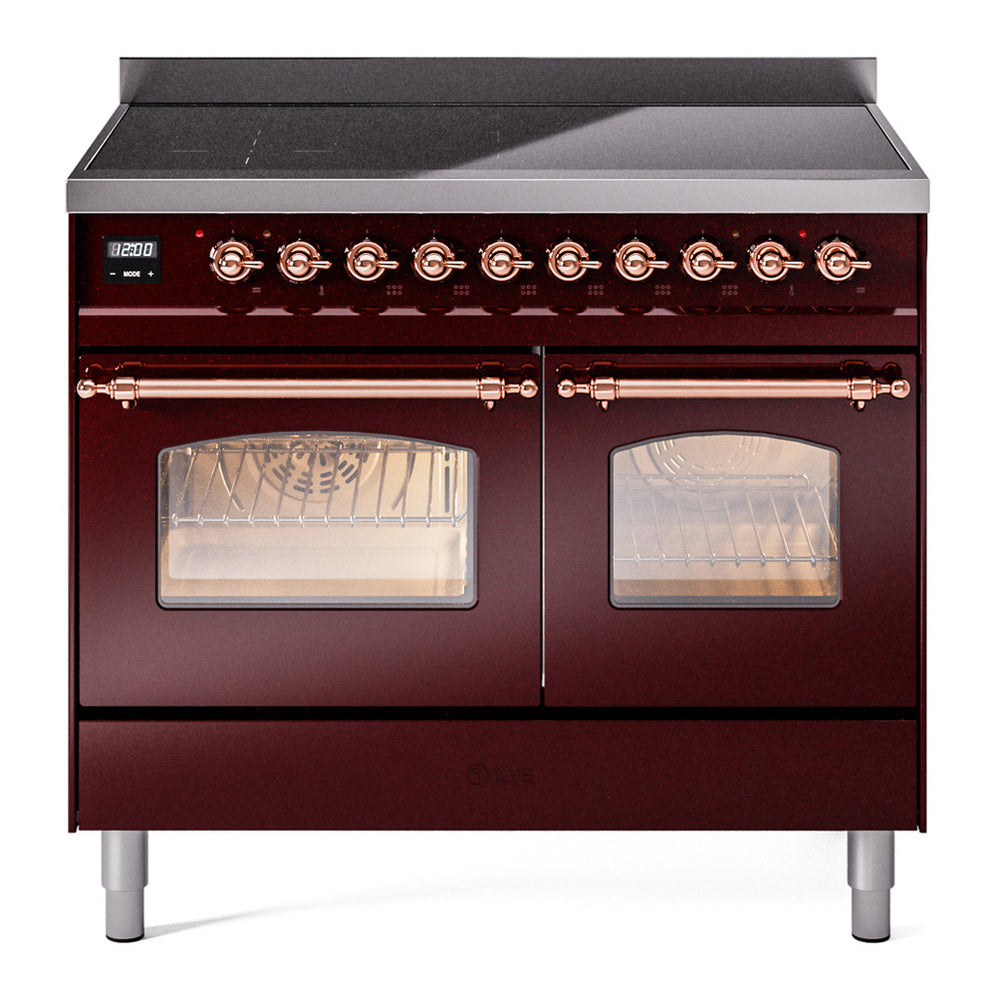 ILVE Nostalgie II 40" Induction Range - Double Ovens, 6-Element Induction - Triple Glass Door - Burgundy / Copper