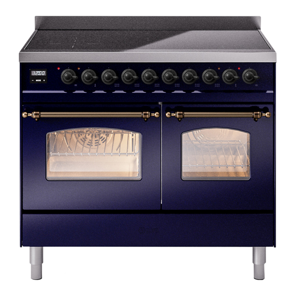 ILVE Nostalgie II 40" Induction Range - Double Ovens, 6-Element Induction - Triple Glass Door - Midnight Blue / Bronze