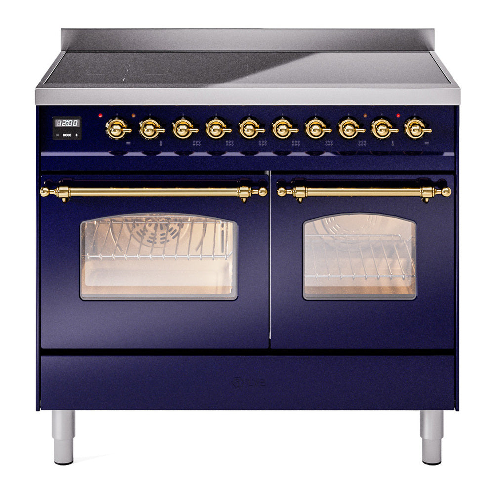 ILVE Nostalgie II 40" Induction Range - Double Ovens, 6-Element Induction - Triple Glass Door - Midnight Blue / Brass