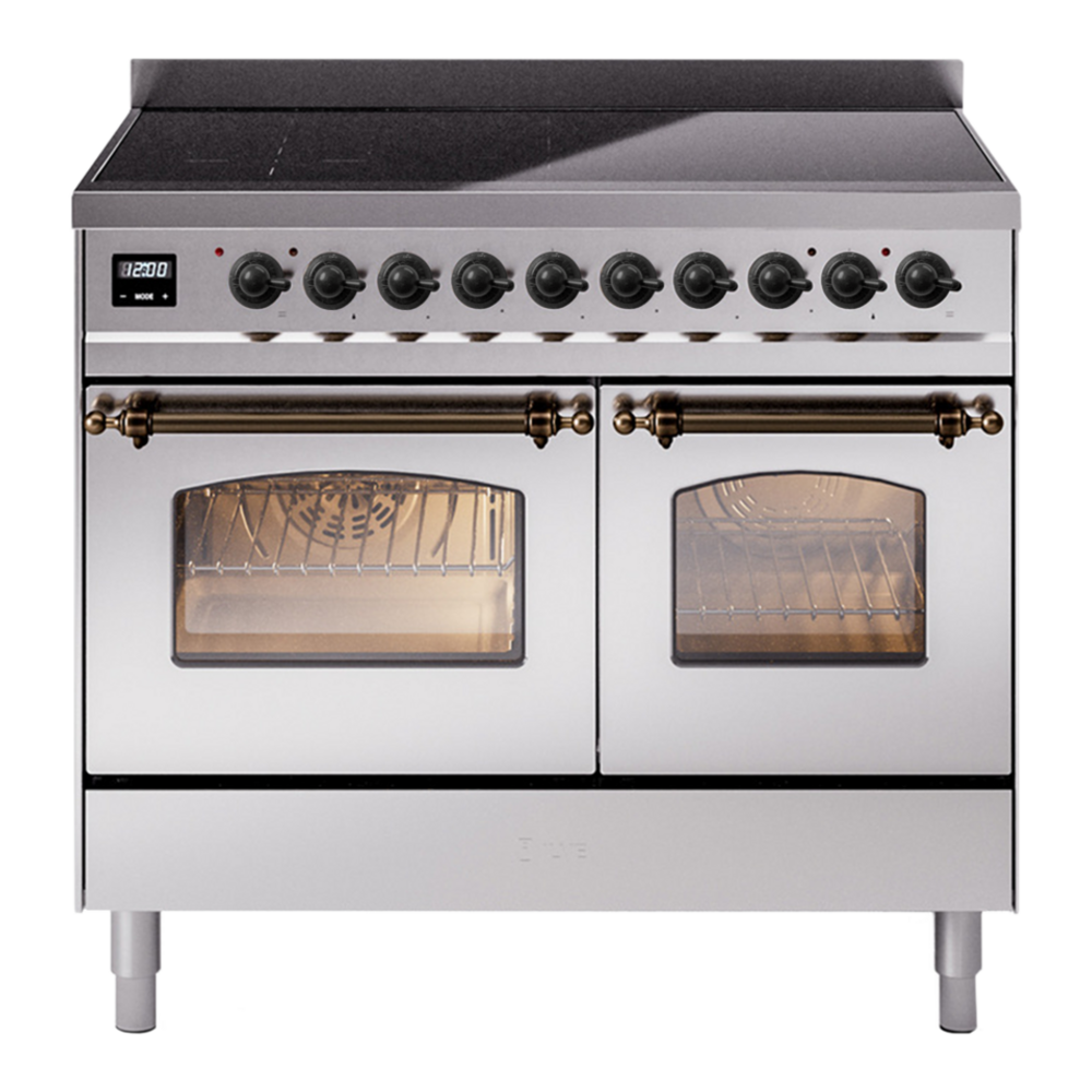 ILVE Nostalgie II 40" Induction Range - Double Ovens, 6-Element Induction - Triple Glass Door - Stainless Steel / Bronze