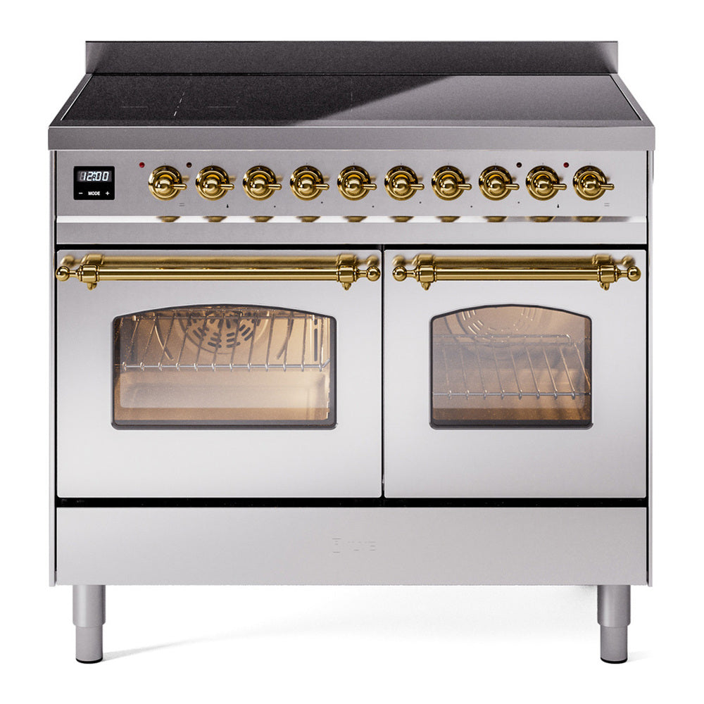 ILVE Nostalgie II 40" Induction Range - Double Ovens, 6-Element Induction - Triple Glass Door - Stainless Steel / Brass
