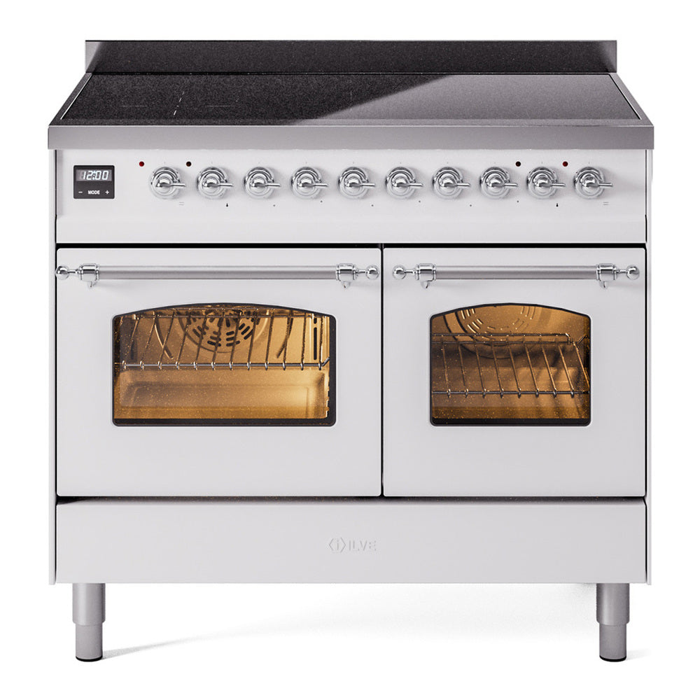 ILVE Nostalgie II 40" Induction Range - Double Ovens, 6-Element Induction - Triple Glass Door - White / Chrome