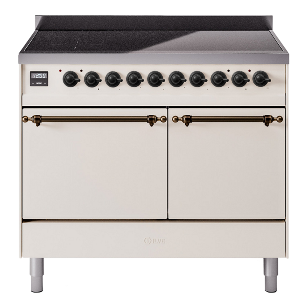 ILVE Nostalgie II 40" Induction Range - Double Ovens, 6-Element Induction - Solid Door - Antique White / Bronze