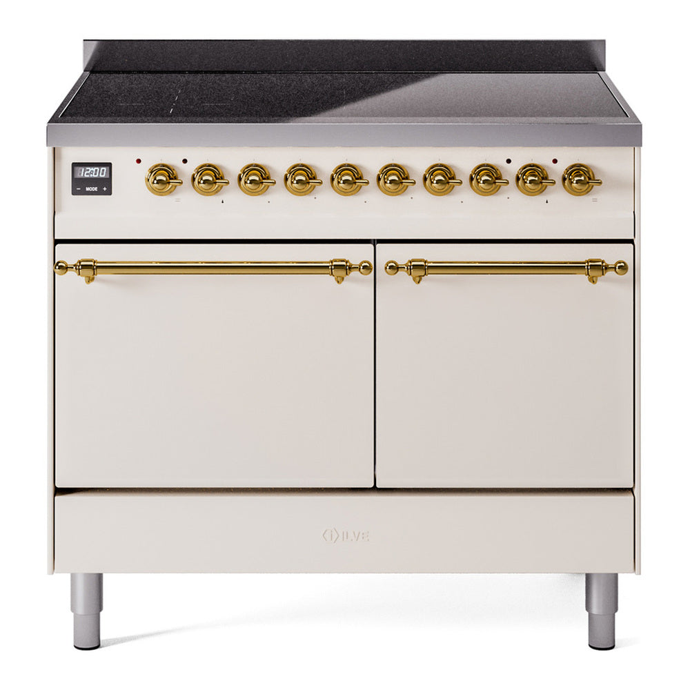 ILVE Nostalgie II 40" Induction Range - Double Ovens, 6-Element Induction - Solid Door - Antique White / Brass