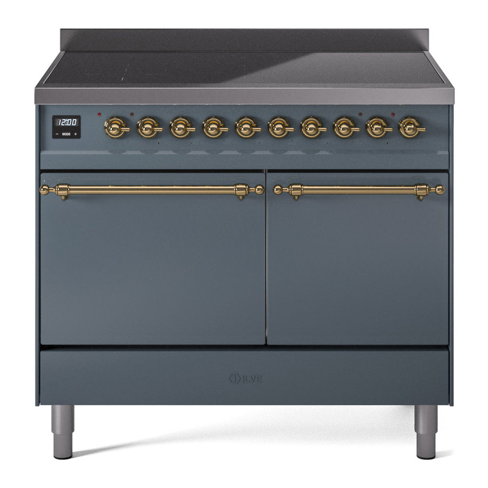 ILVE Nostalgie II 40" Induction Range - Double Ovens, 6-Element Induction - Solid Door - Blue Grey / Brass