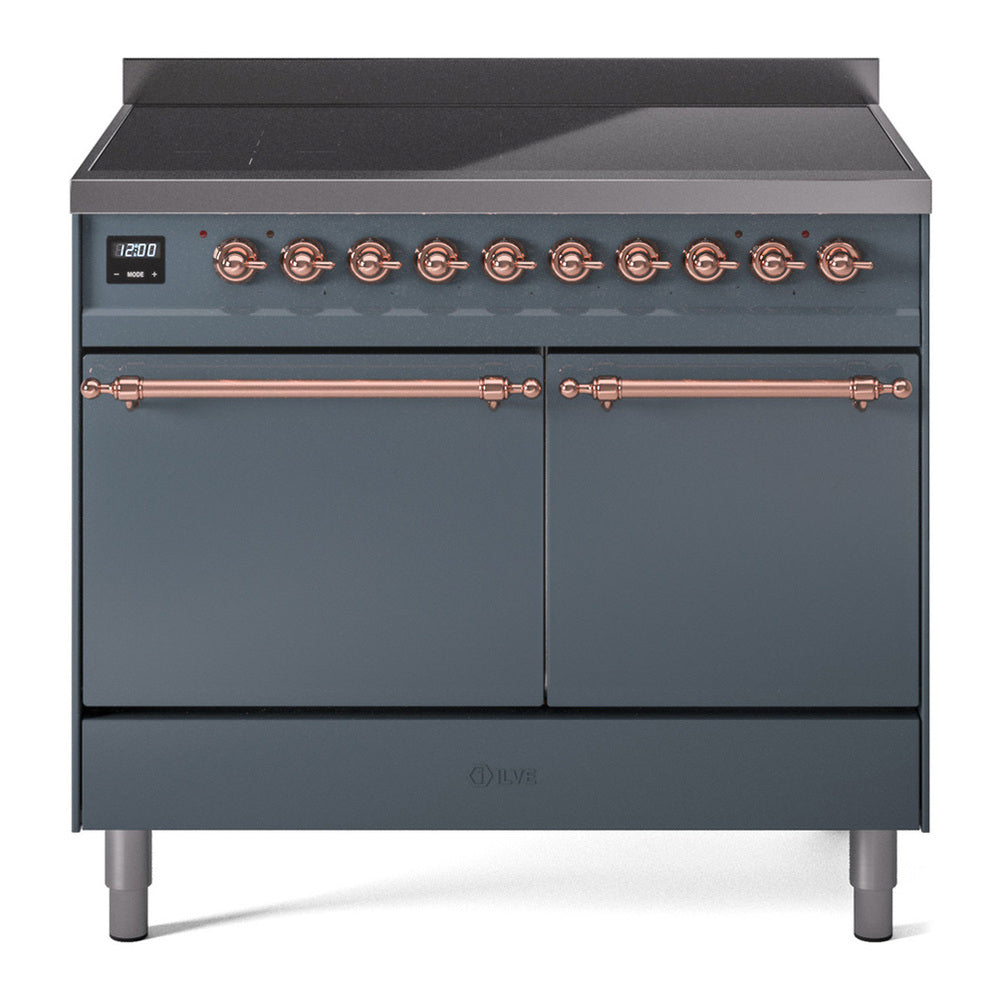 ILVE Nostalgie II 40" Induction Range - Double Ovens, 6-Element Induction - Solid Door - Blue Grey / Copper