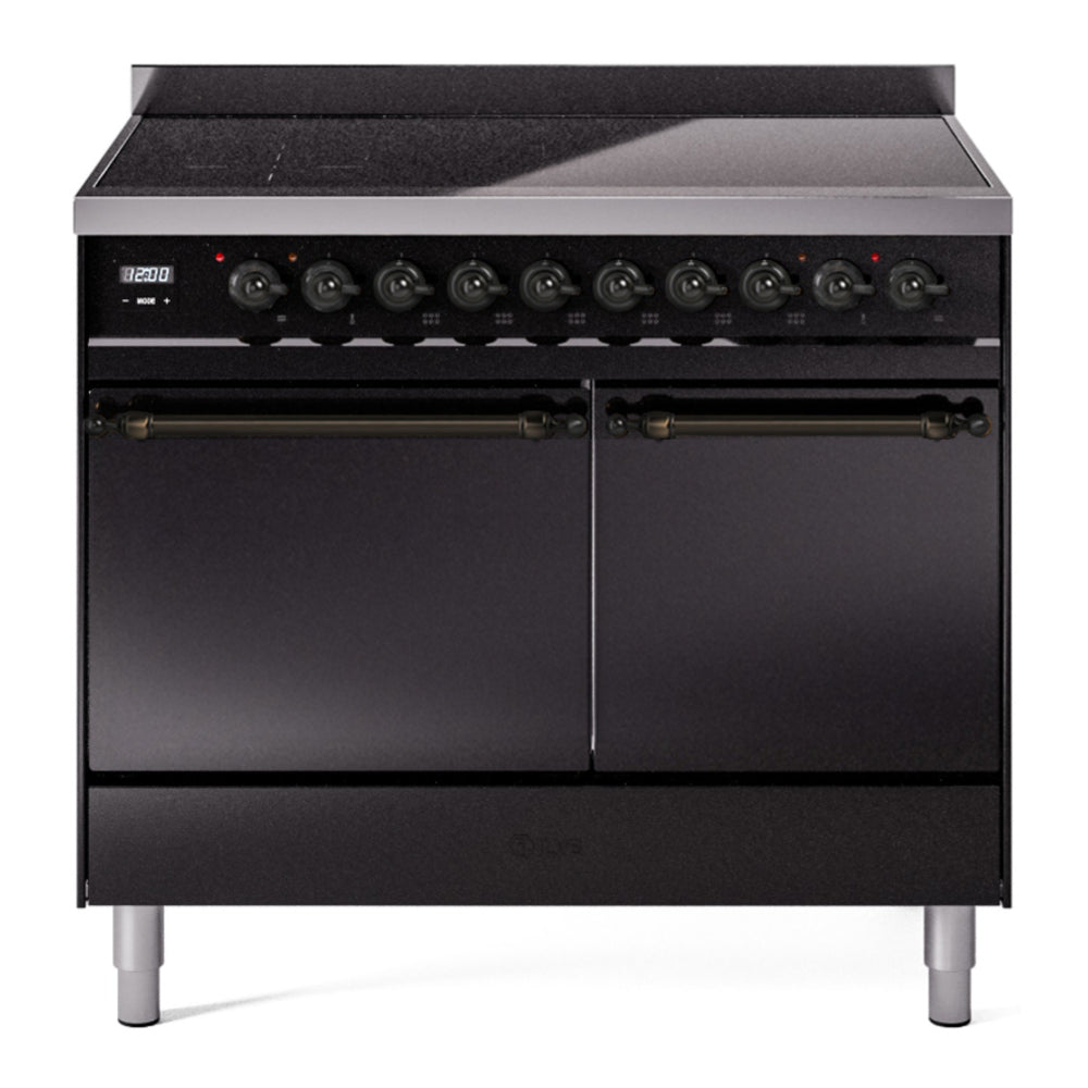 ILVE Nostalgie II 40" Induction Range - Double Ovens, 6-Element Induction - Solid Door - Glossy Black / Bronze