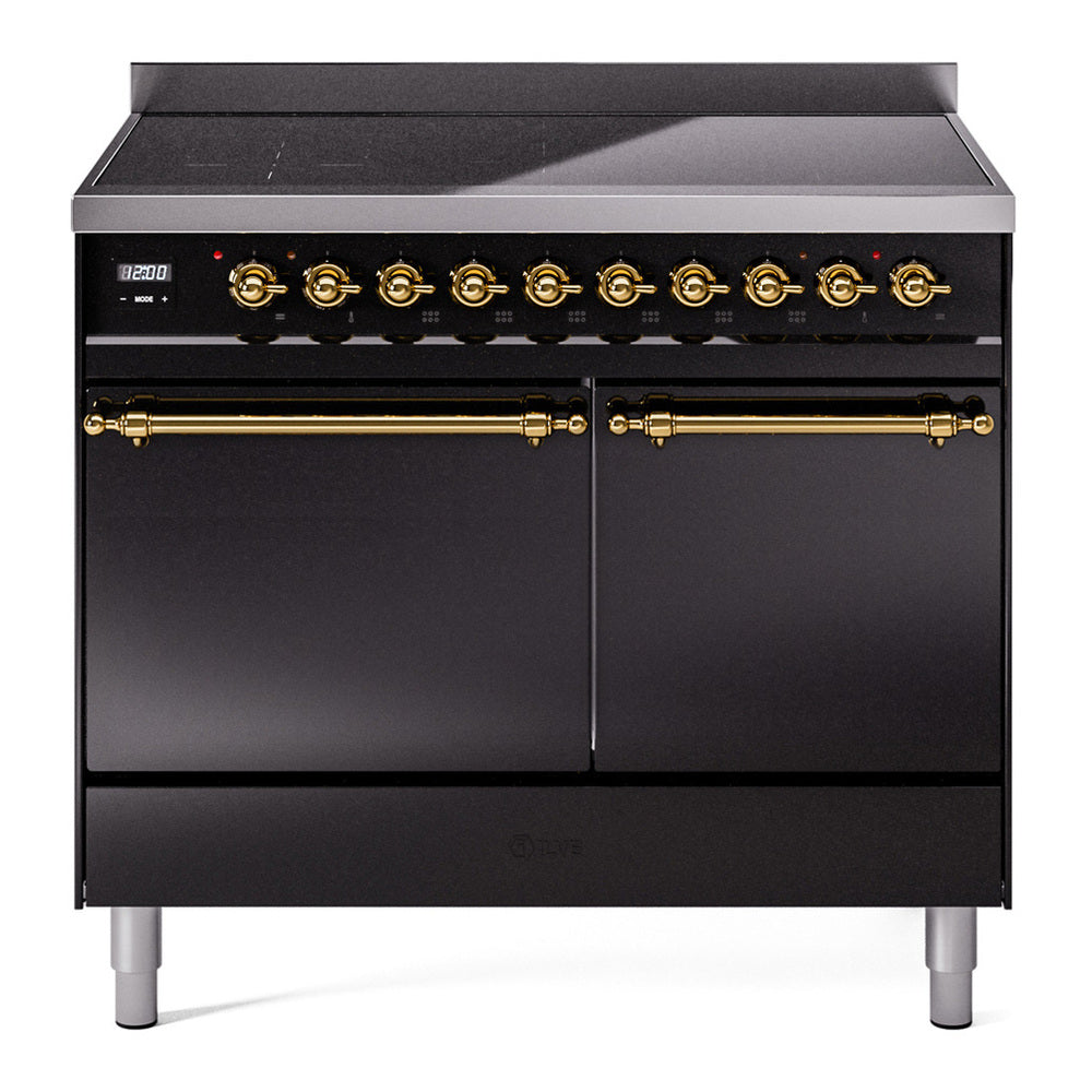 ILVE Nostalgie II 40" Induction Range - Double Ovens, 6-Element Induction - Solid Door - Glossy Black / Brass