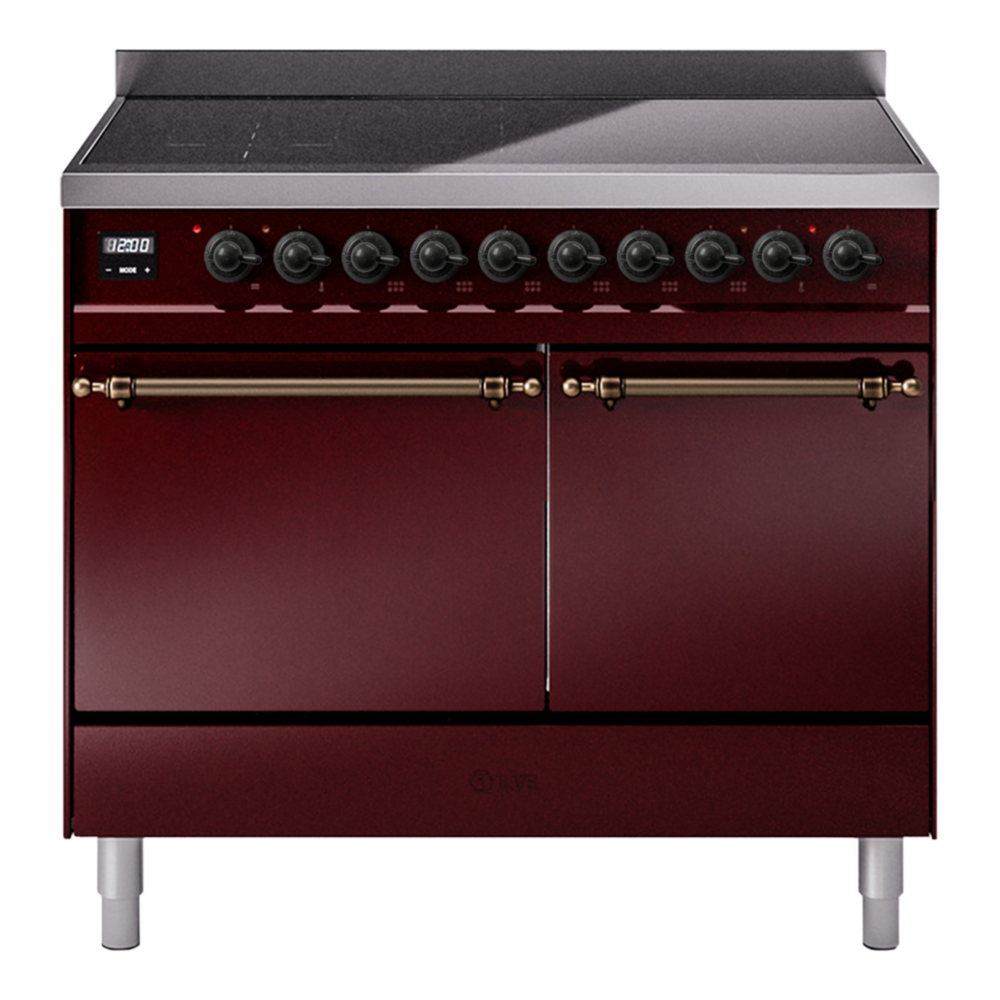 ILVE Nostalgie II 40" Induction Range - Double Ovens, 6-Element Induction - Solid Door - Burgundy / Bronze