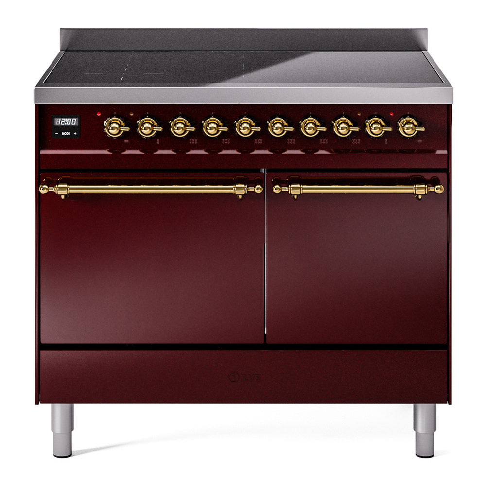 ILVE Nostalgie II 40" Induction Range - Double Ovens, 6-Element Induction - Solid Door - Burgundy / Brass