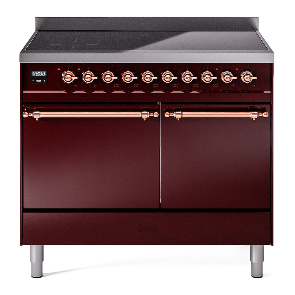 ILVE Nostalgie II 40" Induction Range - Double Ovens, 6-Element Induction - Solid Door - Burgundy / Copper