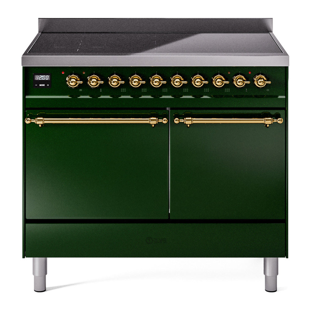 ILVE Nostalgie II 40" Induction Range - Double Ovens, 6-Element Induction - Solid Door - Emerald Green / Brass
