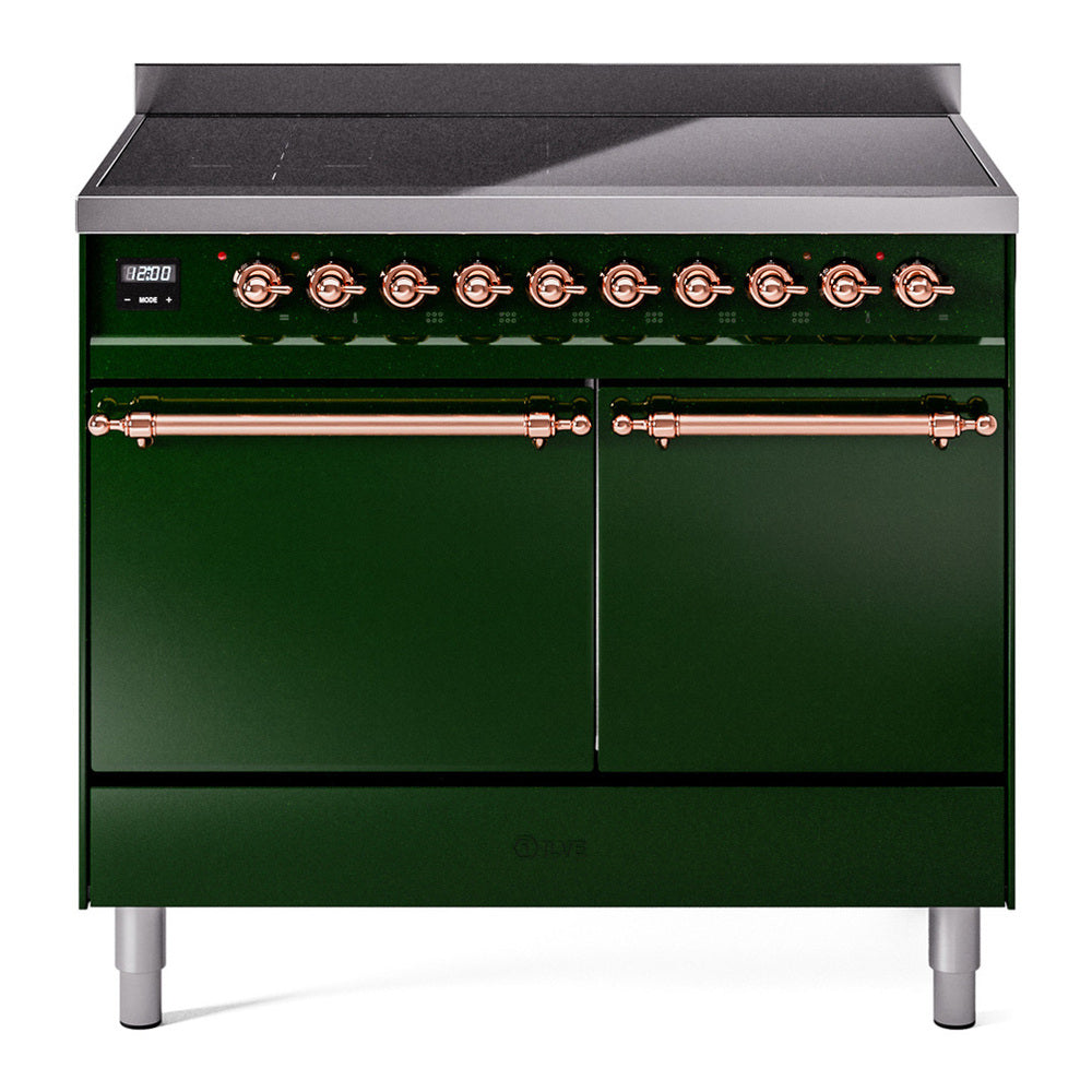 ILVE Nostalgie II 40" Induction Range - Double Ovens, 6-Element Induction - Solid Door - Emerald Green / Copper