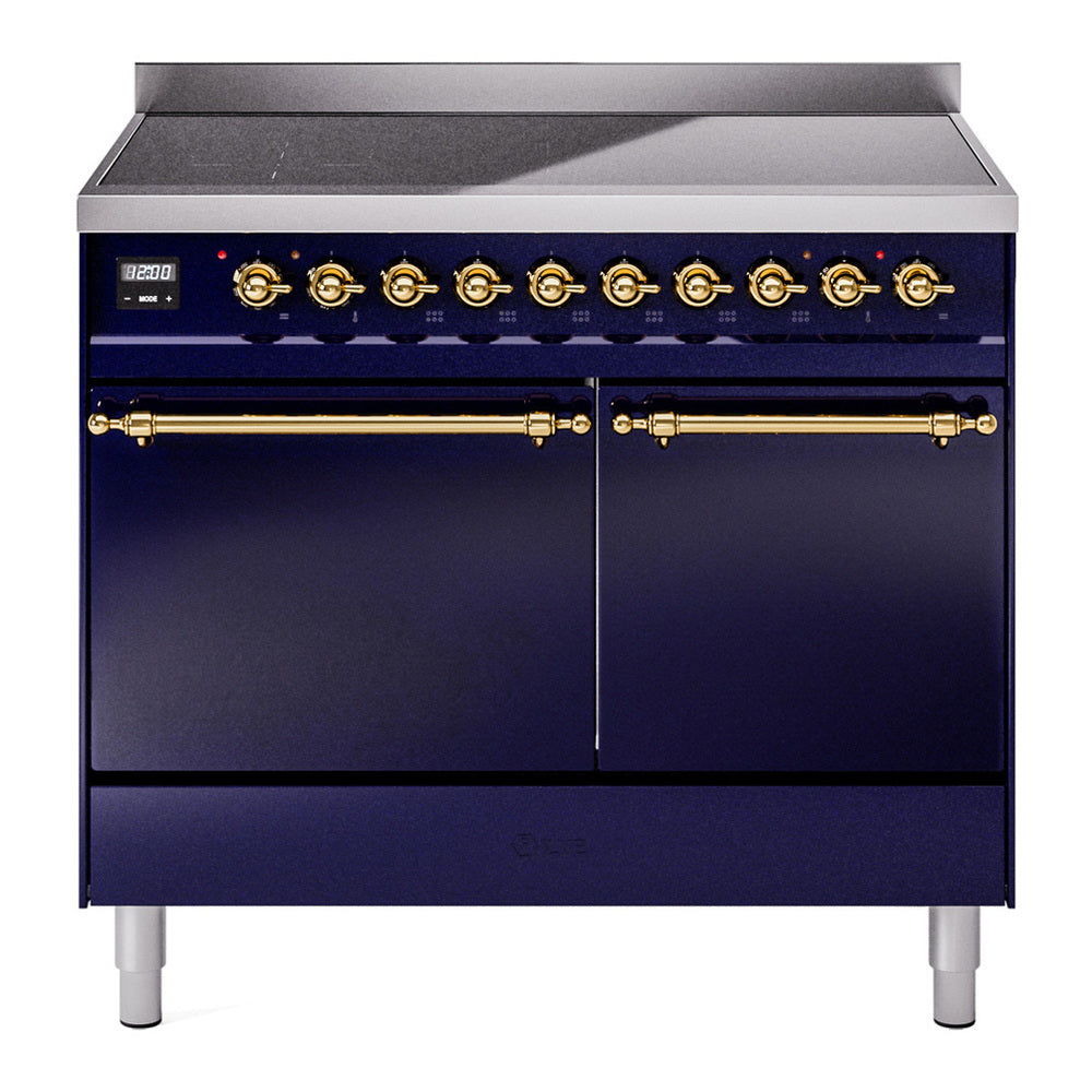 ILVE Nostalgie II 40" Induction Range - Double Ovens, 6-Element Induction - Solid Door - Midnight Blue / Brass