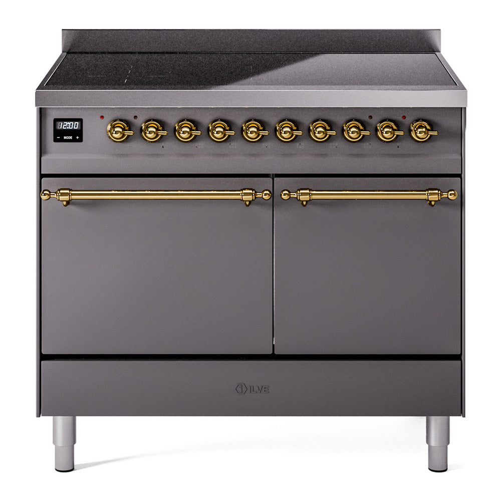 ILVE Nostalgie II 40" Induction Range - Double Ovens, 6-Element Induction - Solid Door - Graphite Matte / Brass