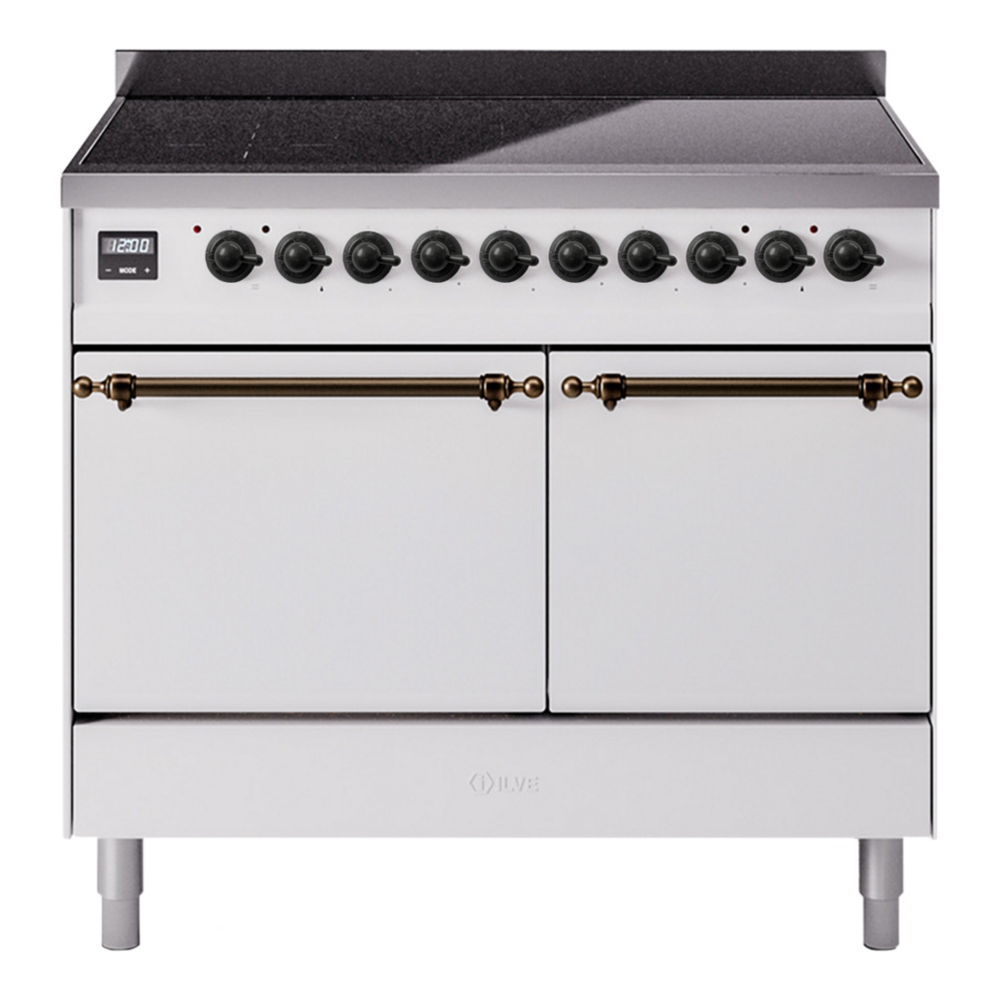 ILVE Nostalgie II 40" Induction Range - Double Ovens, 6-Element Induction - Solid Door - White / Bronze