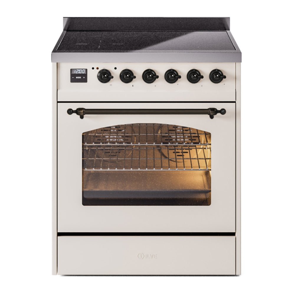 ILVE Nostalgie II 30" Induction Range - 4-Element Induction, 4.0 cu. ft. Oven - Triple Glass Door - Antique White / Bronze