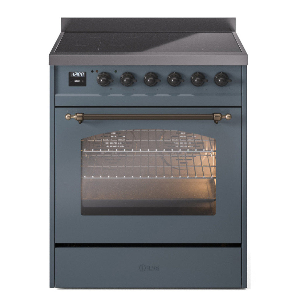 ILVE Nostalgie II 30" Induction Range - 4-Element Induction, 4.0 cu. ft. Oven - Triple Glass Door - Blue Grey / Bronze