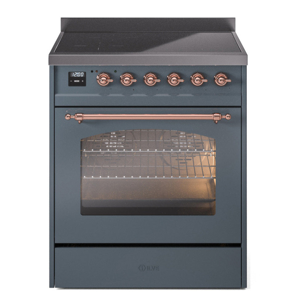 ILVE Nostalgie II 30" Induction Range - 4-Element Induction, 4.0 cu. ft. Oven - Triple Glass Door - Blue Grey / Copper