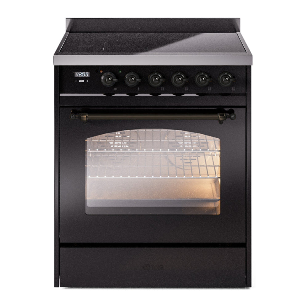 ILVE Nostalgie II 30" Induction Range - 4-Element Induction, 4.0 cu. ft. Oven - Triple Glass Door - Glossy Black / Bronze