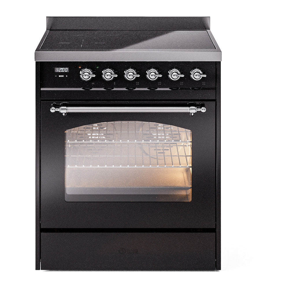 ILVE Nostalgie II 30" Induction Range - 4-Element Induction, 4.0 cu. ft. Oven - Triple Glass Door - Glossy Black / Chrome