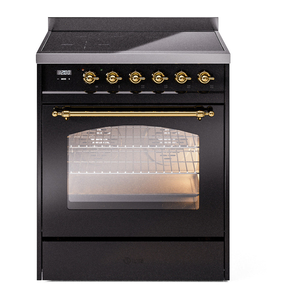 ILVE Nostalgie II 30" Induction Range - 4-Element Induction, 4.0 cu. ft. Oven - Triple Glass Door - Glossy Black / Brass