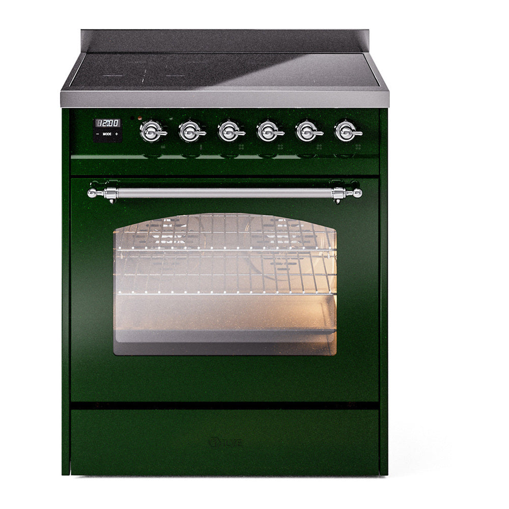 ILVE Nostalgie II 30" Induction Range - 4-Element Induction, 4.0 cu. ft. Oven - Triple Glass Door - Emerald Green / Chrome