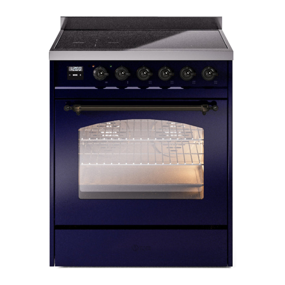 ILVE Nostalgie II 30" Induction Range - 4-Element Induction, 4.0 cu. ft. Oven - Triple Glass Door - Midnight Blue / Bronze